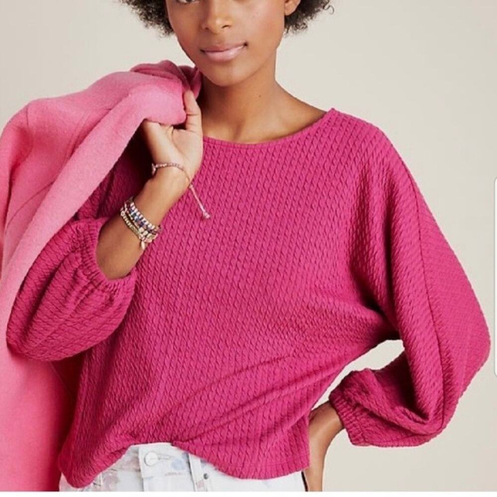 Anthropologie Arya Sz M Fuchsia Pink Quilted Long Sleeve Textured Blouse Top